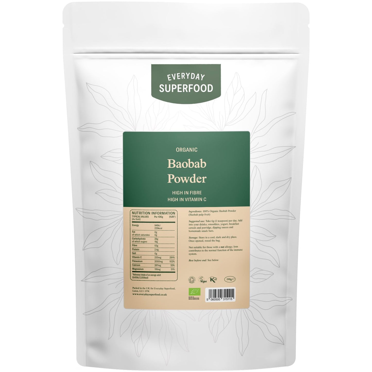 Everyday Superfood Organic Baobab Powder 190g, High Vitamin C, Perfect in Smoothies, Tea and Baking