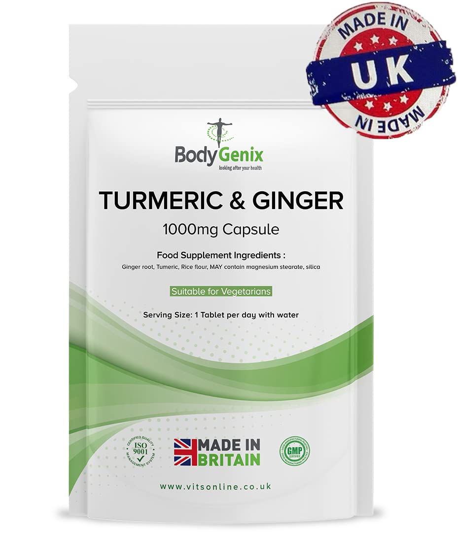 Bodygenix Ginger & Turmeric 1000mg Tablets - Antioxidant Anti-Inflammatory Healthy Skin Immune System Supplement - Vegan Friendly 30 Tablets, 1 Month Supply