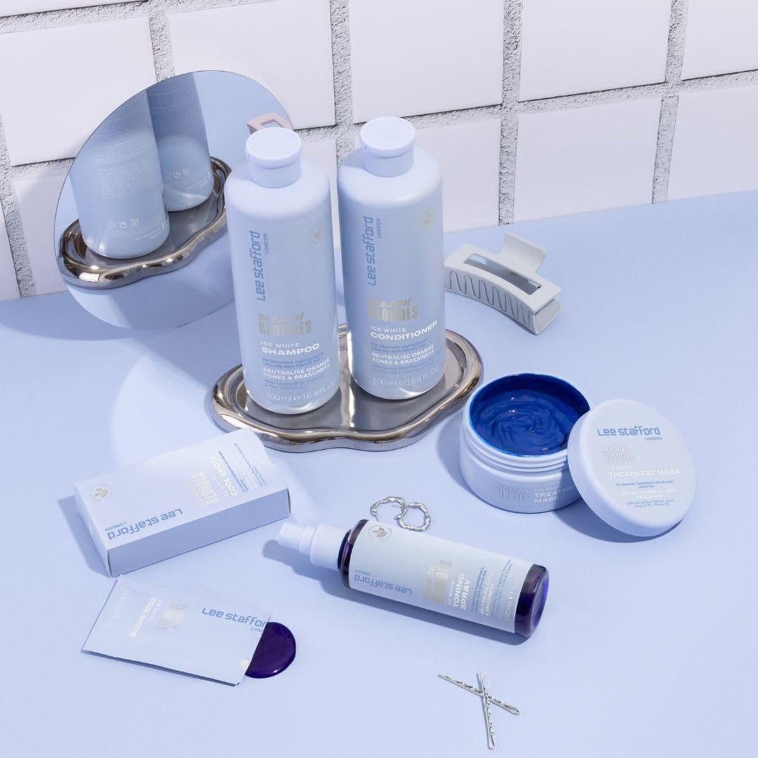 Lee Stafford Blue Pigment Toning Hair Treatments | Bleach Blondes Ice White Hot Shots - Power Dose Treatments, Corrects Brassy & Orange Tones, Great for Highlighted, Cool Hair, 4 x 15ml Doses