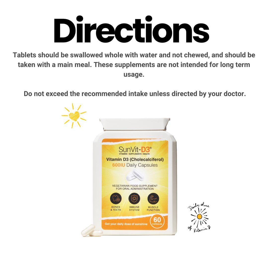 SunVit-D3 Vitamin D 600 IU Capsules - Cholecalciferol Vitamin D Capsules Support the Maintenance of Bone, Teeth, Muscle & Immune System | Made in UK & GMP Approved - D3 Vitamins 60 Convenient Capsules