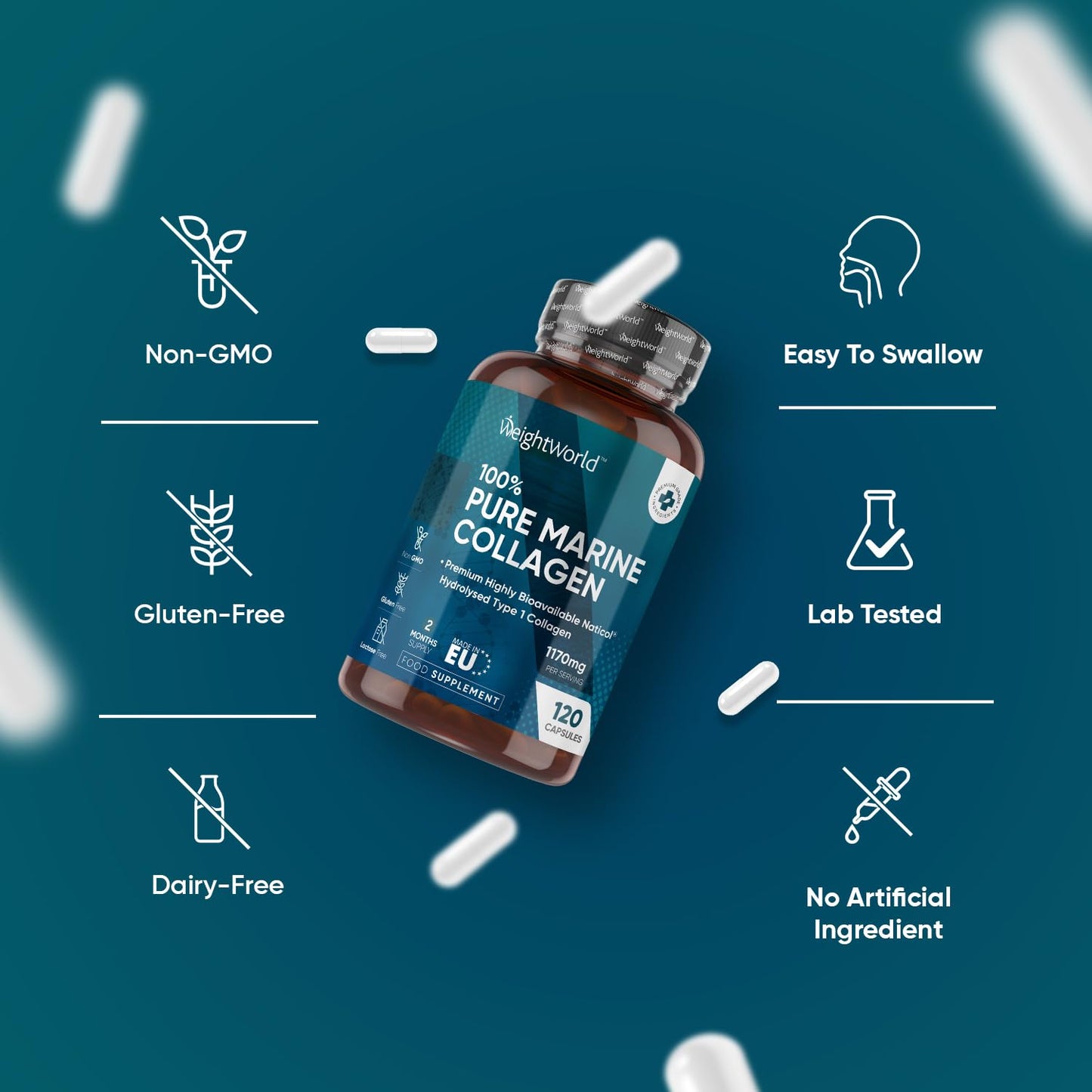 Pure Marine Collagen Capsules - 1170mg High Strength Collagen Supplement – 120 Type1 Hydrolysed Collagen Capsules for Skin, Hair & Joints – Unflavoured & Odourless - Made in EU