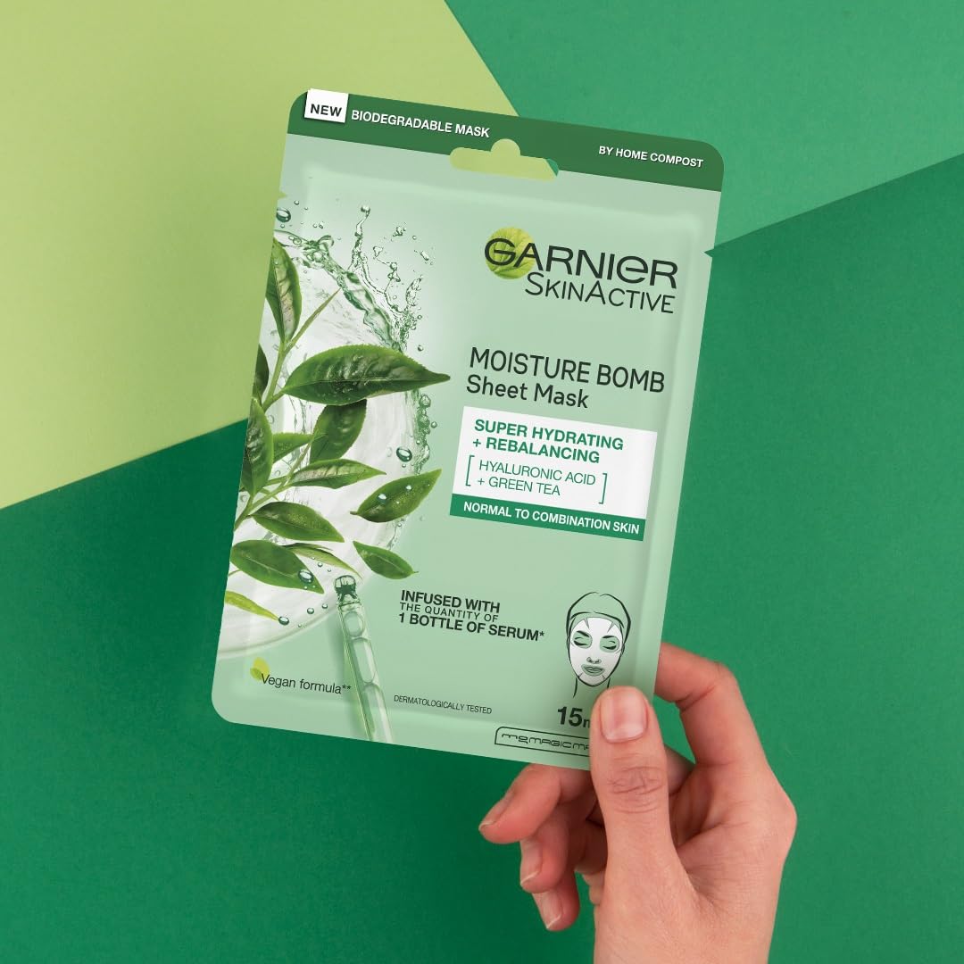 Garnier Moisture Bomb Green Tea and Hyaluronic Acid Sheet Mask, Hydrating & Rebalancing Face Mask, For Sensitive Skin, Cruelty Free & Vegan Tissue Mask, 28g