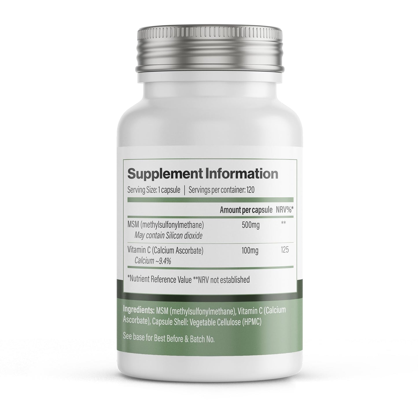 Vitadefence MSM & Vitamin C Supplement, 120 Capsules, 600mg per Serving, with Naturally Occurring Silicon Dioxide