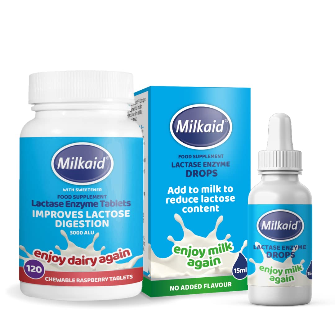 Milkaid Lactase Enzyme Chewable Tablets & Drops Bundle | for Lactose Intolerance Relief Digestive Supplement | Gluten Free Vegan | 120 15ml, Clear