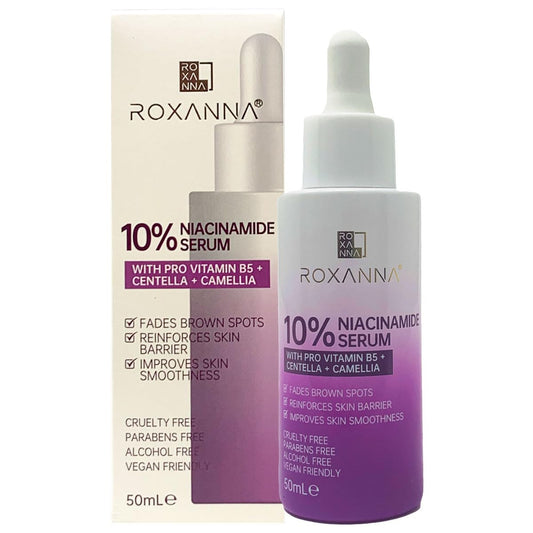 Roxanna 10% Niacinamide Face Serum 50ml with Pro Vitamin B5, Centella, Camellia Tackles Blemishes, Minimises Pore Appearance, Fades Brown Spots