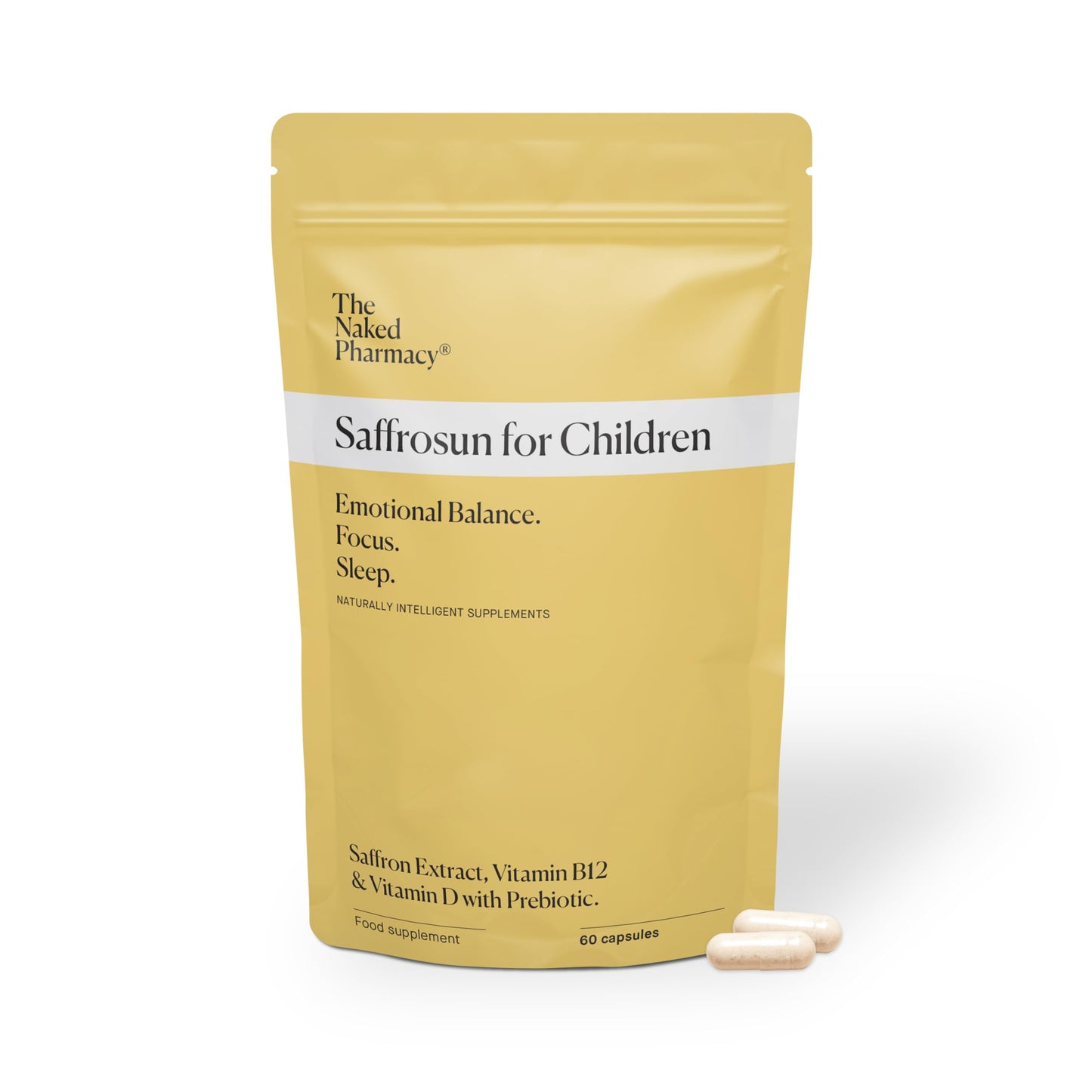 The Naked Pharmacy | Saffrosun for Children | Promotes Sleep & Emotional Balance | Natural Saffron Supplements with Vitamins D3 & B12 | High Strength | No Additives | Vegan | 60 Capsules