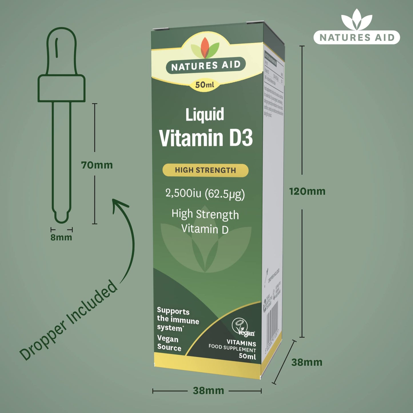 natures aid Natures Aid Vegan Vitamin D3/Cholecalciferol Liquid, 2500iu, Dropper Included, 50 ml (Pack of 1)