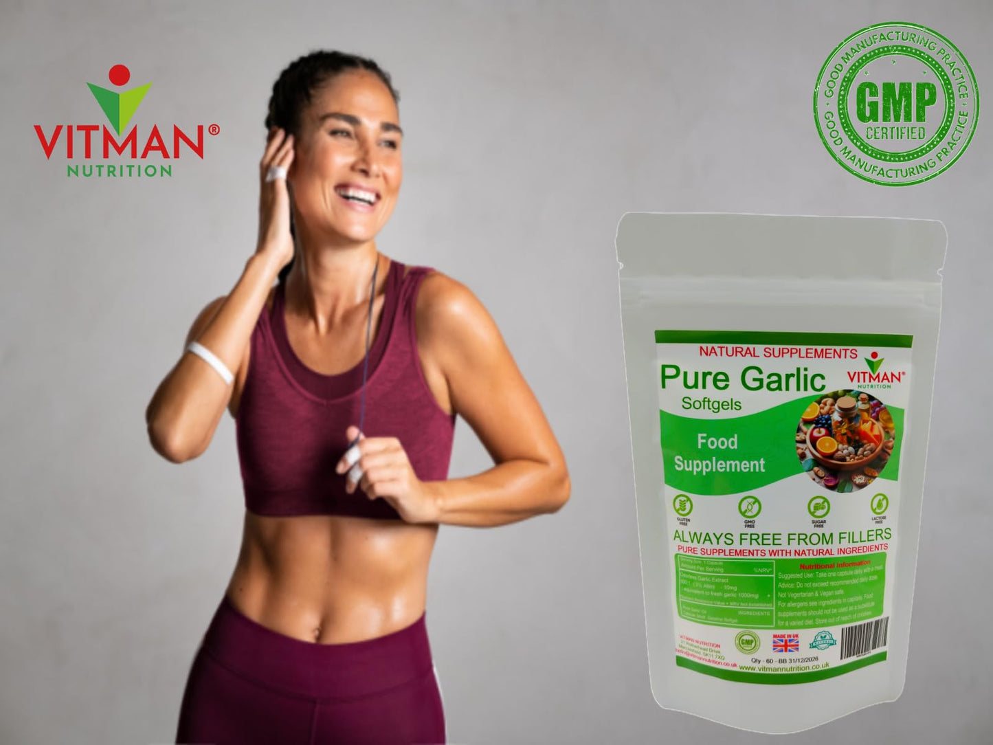 VitMan Nutrition Pure Garlic Softgels, High Strength 1000mg, Odourless, 60 Capsules, Gluten Free