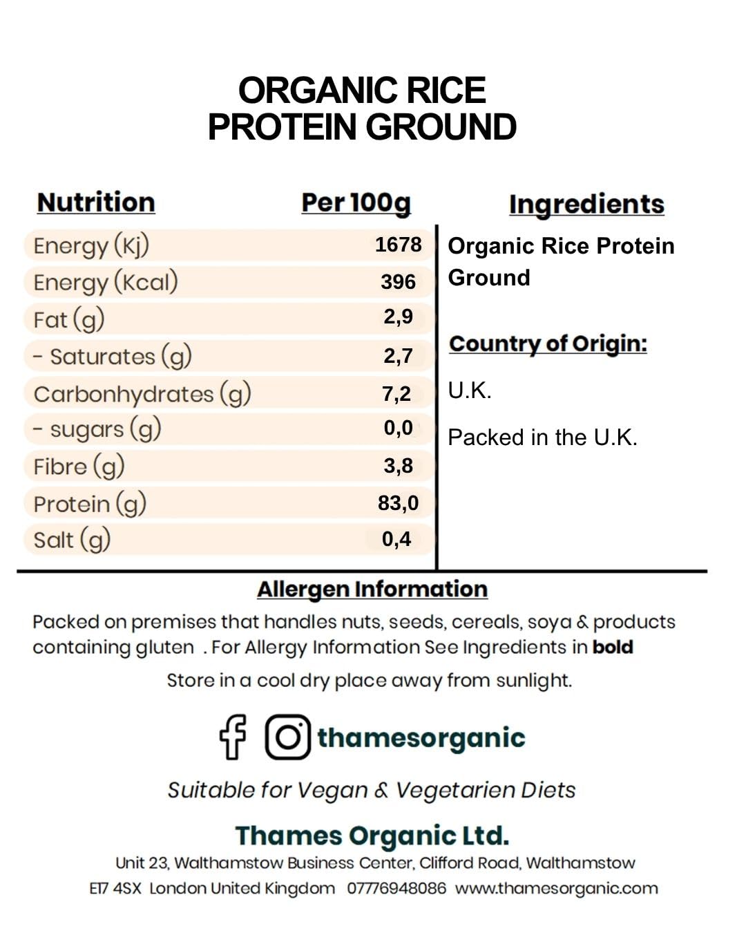 Thames Organic Organic Rice Protein Ground: Premium Plant-Based Protein for Health & Fitness Enthusiasts - Vegan-Friendly 250g