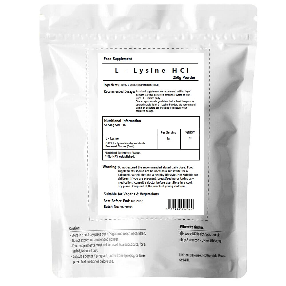 UKHealthHouse L-Lysine Powder, High Potency Essential Amino Acid, Vegan, Food Supplement, Premium Amino Acid Range, Gluten Free (250g)