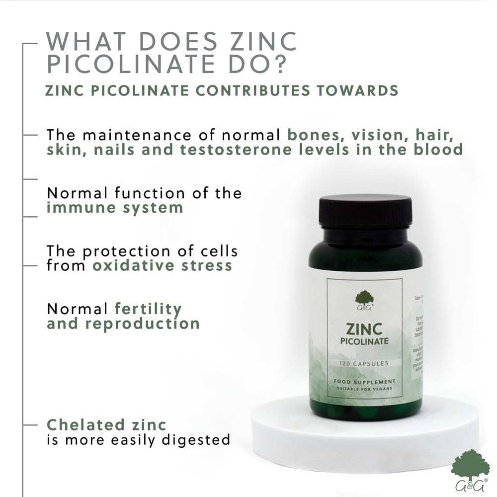 Zinc Picolinate - 22mg Elemental Zinc - 120 Vegan Capsules - Chelated for Improved Absorption - Non-GMO, Made in The UK by G&G Vitamins
