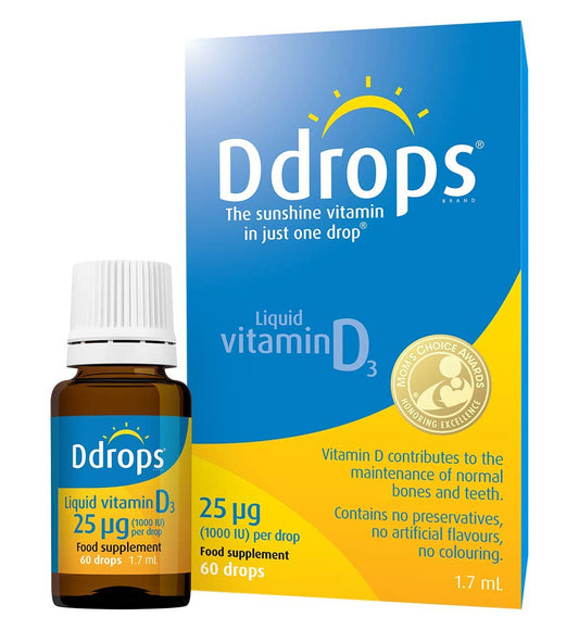 Ddrops Adults 25 µg 60 drops - Liquid Vitamin D3 Supplement Supports Bones, Immune System - Naturally-sourced Ingredients, No Large Capsules, No Preservatives, Non-GMO, Allergen-Friendly