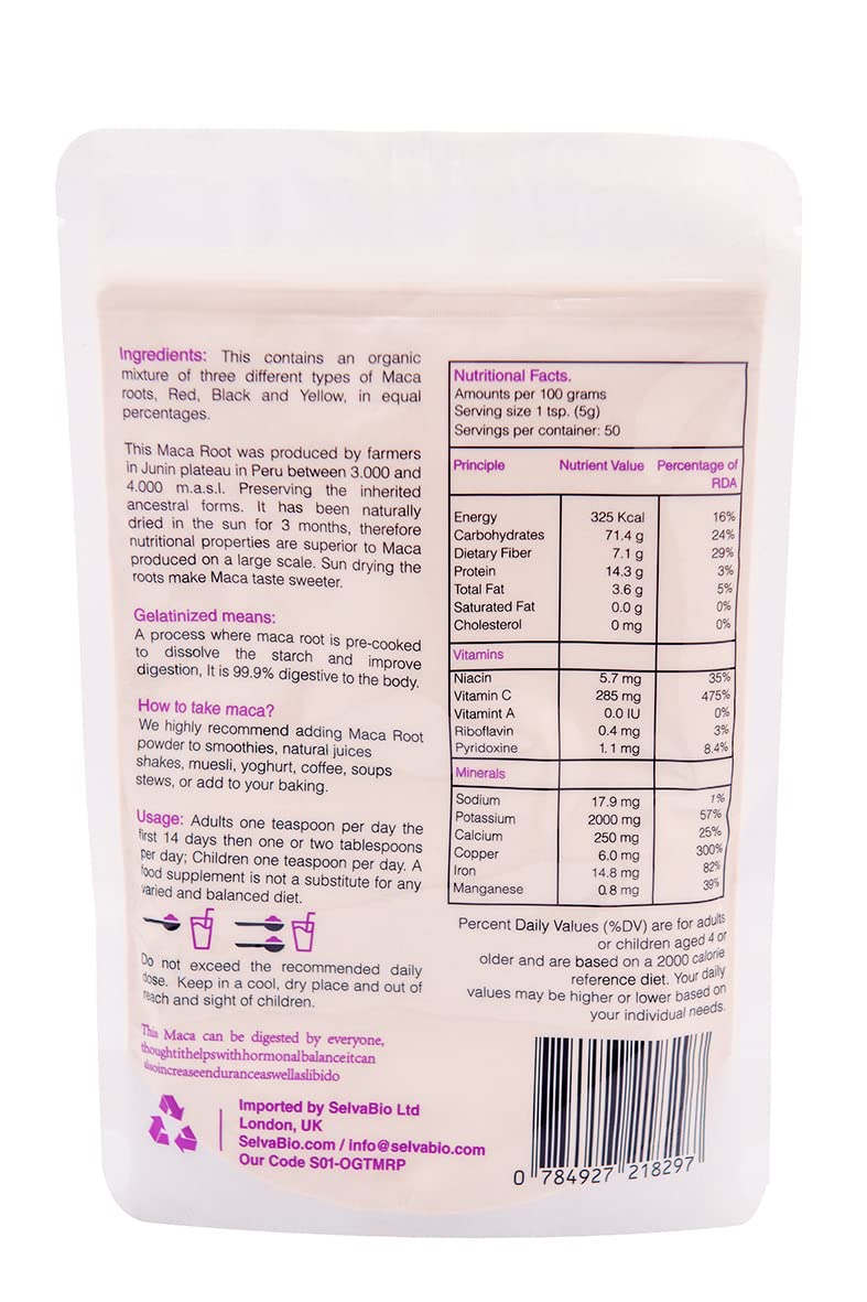 SelvaBio Triple Maca Root Powder, Gelatinised, Certified Organic, Black Red & Yellow Blend, Single Origin, Peru, Vegan, for Smoothies, Shakes & Baking, 250 g