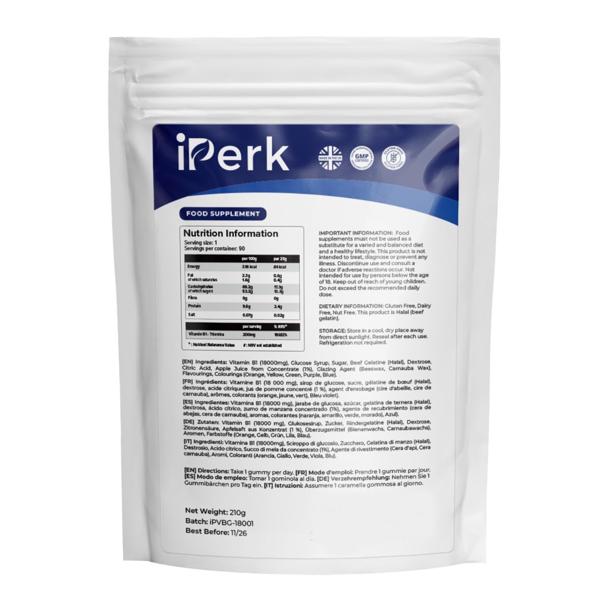 iperk Vitamin B1 Gummies - Delicious Support for Daily Energy 90 Gummies 3-Month Supply | Made in The UK