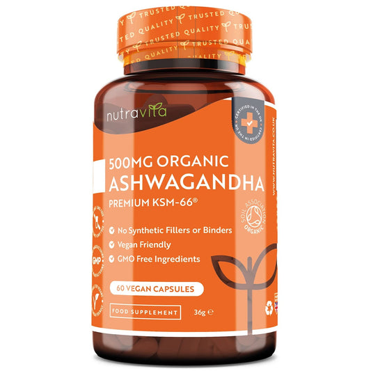 Organic Ashwagandha KSM-66® with 5% Withanolides - Vegan Friendly with The Highest Concentration Most Bioavailable Full-Spectrum Root Powder For Immune Support - Made in The UK by Nutravita