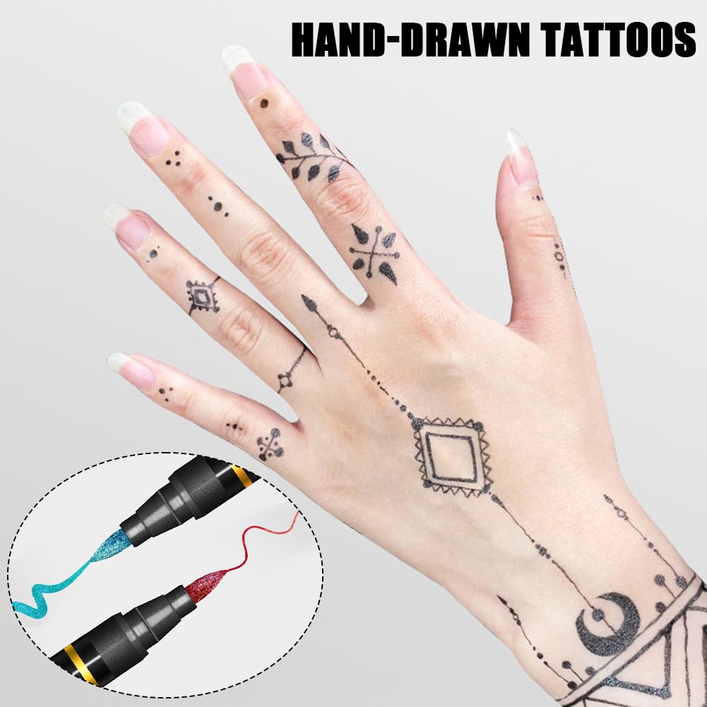 PORUPAEL 10 Colours Temporary Tattoo Pen, Temporary Tattoo Markers for Skin, Tattoo Pen Kit, Body Markers for Kids and Adults Art Marker Pens for Kids and Adults Party Festival Dress Up