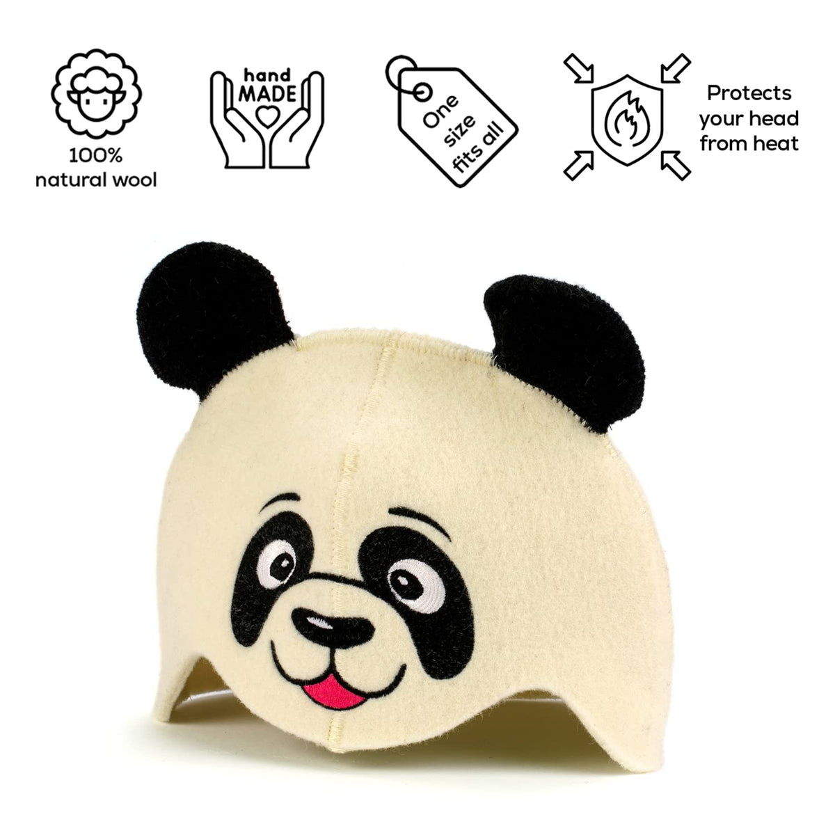 SAUNA GURU Panda Hat, 100% Organic Wool Felt Sauna Cap, Banya Hat Sauna Hair Protector, Sauna Accessories Embroidered Hat, Russian Sauna Hat, Sauna Gifts for Men and Women, Sauna Room Accessory