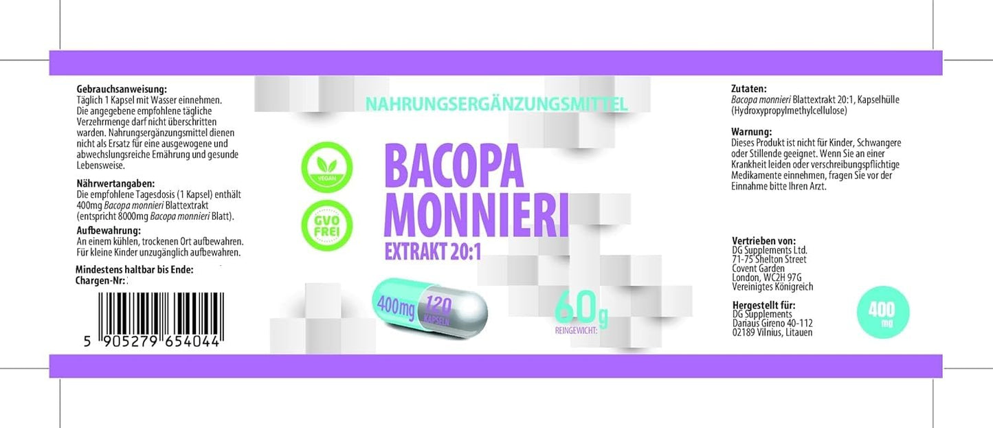 Hepatica Bacopa Monnieri (Brahmi) 8,000mg Equivalent | 400mg 20:1 Leaf Extract | 120 Vegan Capsules | Ayurvedic Herb | 3rd Party Lab Tested