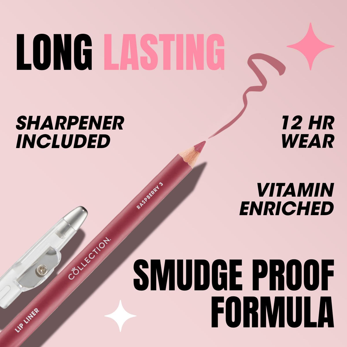 Collection Cosmetics Long-Lasting Lip Liner Pencil with Sharpener, Raspberry