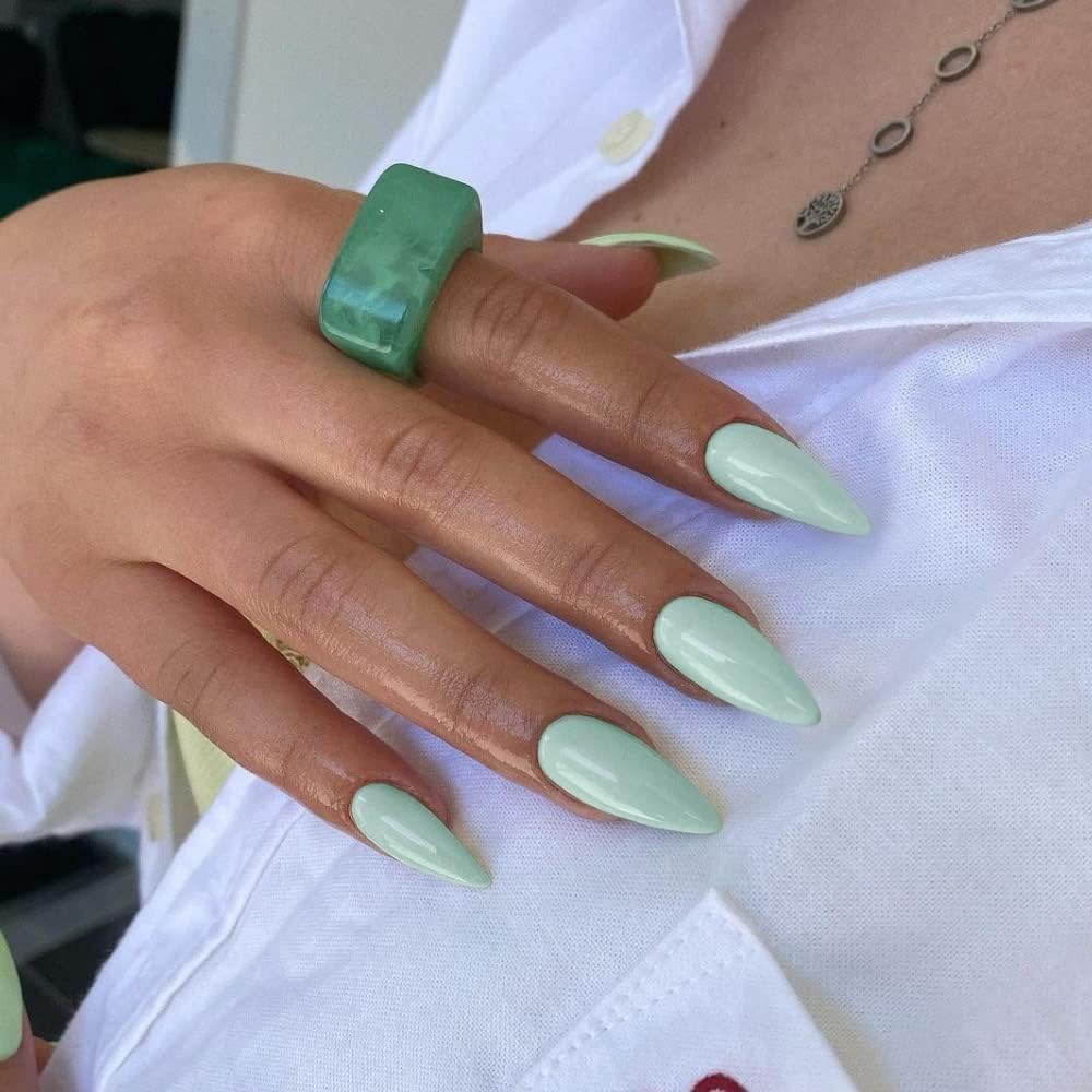 KQueenest Soft Gel Press on Nails Almond Medium, Mint Green False Nails Almond, Glossy Solid Color Stiletto Fake Nails Set, Natural Reusable Stick on Nail for Women Finger Daily Wear 24 Pcs