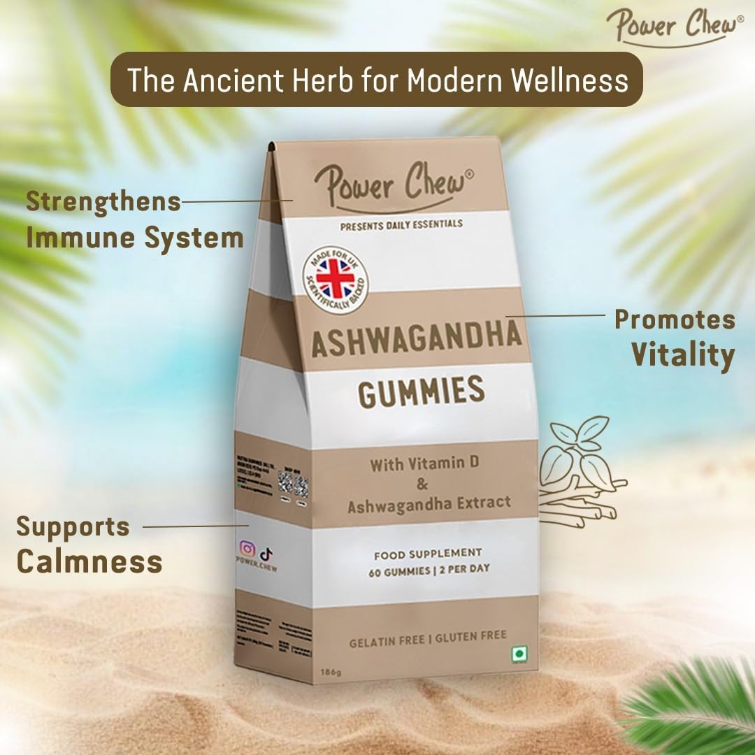 Power Chew Ashwagandha Gummies | High Strength Ashwagandha Extract and Vitamin D | 60 Vegan Gummies Chewable | Vitamin Gummies for Women & Men | Super Tasty Food Supplement for Adults