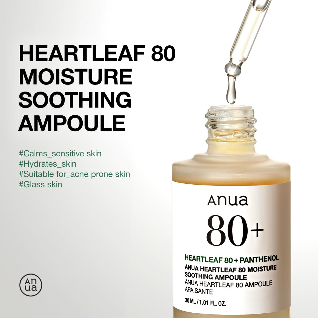 ANUA Anua Heartleaf 80 Soothing Ampoule, Hydration Facial Serum for Glass Skin, Panthenol, Hyaluronic Acid, Non-Greasy, Gentle Formula, Lightweight Essence, Vegan, Korean Skin Care, 30ml/1.01 fl.oz