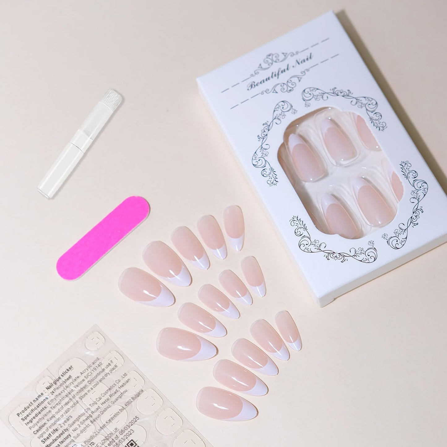 NLFOX Press on Nails Almond - False Nails French Tip - 24pcs Long Fake nails with Glue - Stick on Nails for Women - Full Cover Almond Nail Tips Long Lasting for DIY French Manicure Home
