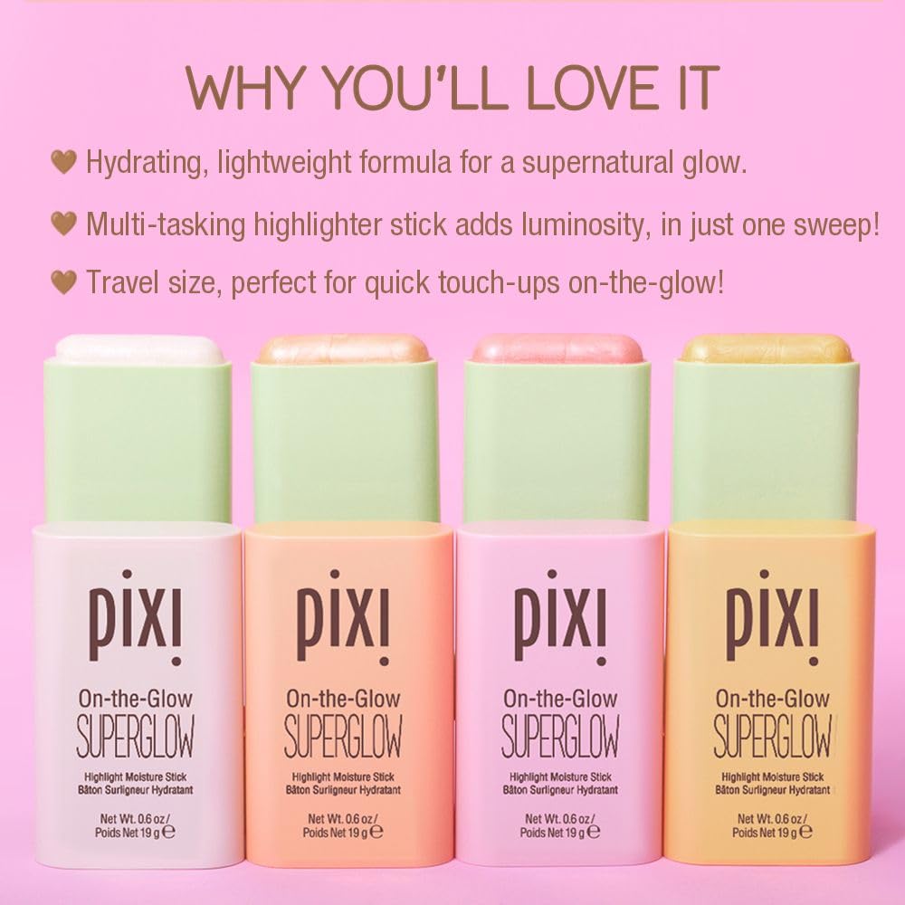 Pixi On-the-Glow SuperGlow | Shade NaturaLustre | Hydrating Highlighter Stick with Ginseng, Aloe Vera & Fruit Extracts | For Cheeks & Brow Bones | 19g / 0.6oz | Paraben-Free Luminous Natural Highlight