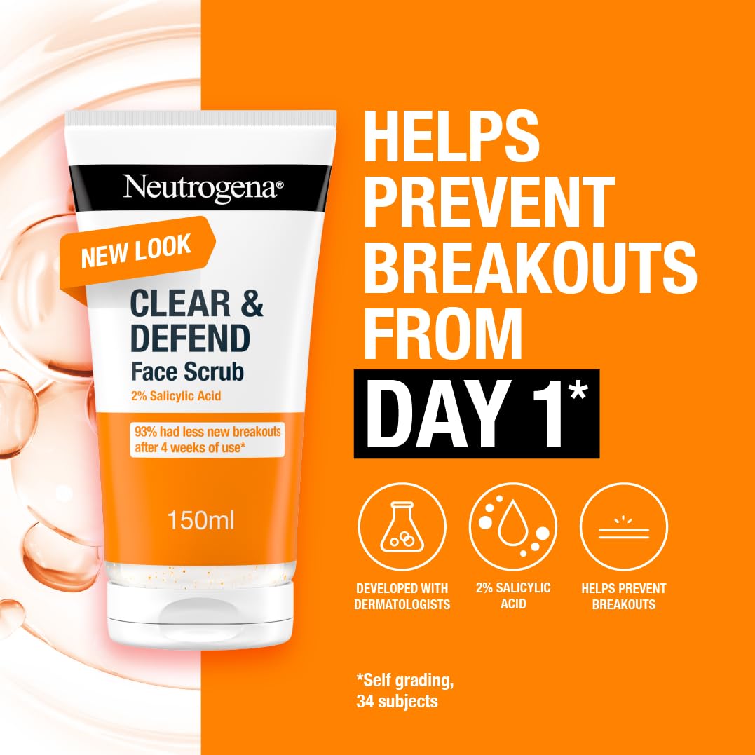 Neutrogena Clear & Defend Facial Scrub (1x 150ml), Oil-Free Face Scrub Suitable for Oily and Spot-Prone Skin, Facial Exfoliator with 2% Salicylic Acid Clinically Proven to Defend Against Breakouts