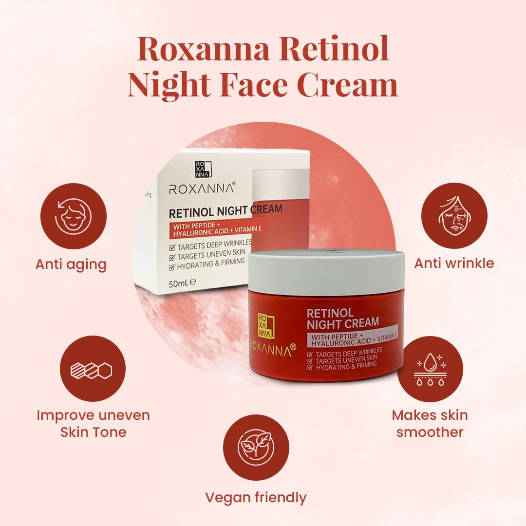 Roxanna Retinol Cream for Face 50ml – Anti Wrinkle Cream Retinol Moisturizer - Retinol Face Cream and Deep Skin Anti Aging Cream Best Night Cream for Women, with peptide, hyaluronic acid, vitamin e