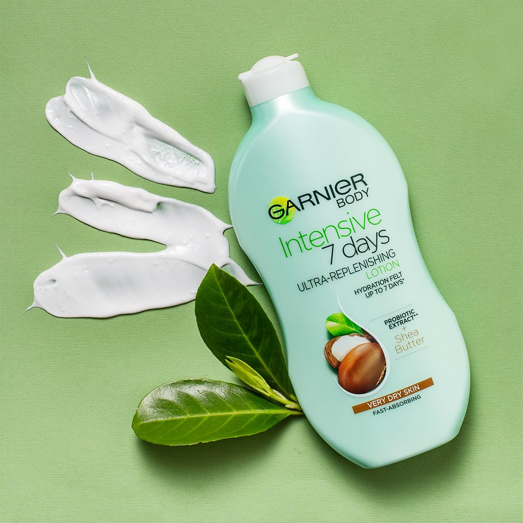 Garnier Intensive 7 Days Shea Butter & Probiotic Extract Body Lotion 400ml, Ultra Replenishing Soothing Moisturiser, Up to 7 Days Hydration, For Very Dry Skin, Fast Absorbing & Non Greasy