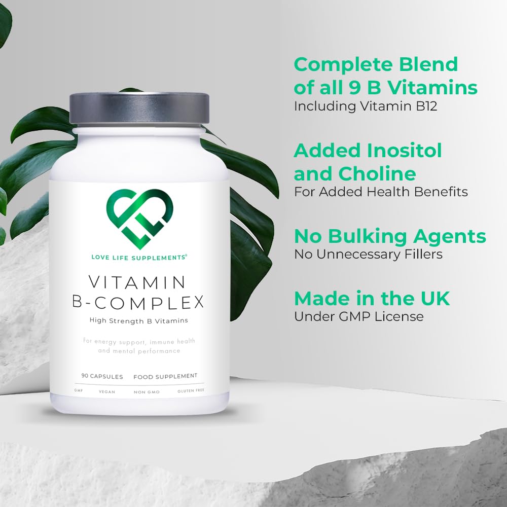 Vitamin B Complex High Strength | 90 Capsules - 90 Day Supply | All 9 B Vitamins B1-B2-B3-B5-B6-B7-B9-B10-B12, Inositol and Choline | Completely Clean - No Fillers | Love Life Supplements