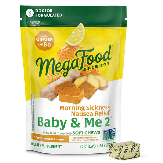 MegaFood Baby & Me Prenatal Morning Sickness Relief, Ginger Chews, with Vitamin B6, Made Without 9 Food Allergens, Honey Lemon Ginger Flavor, 30 Chews