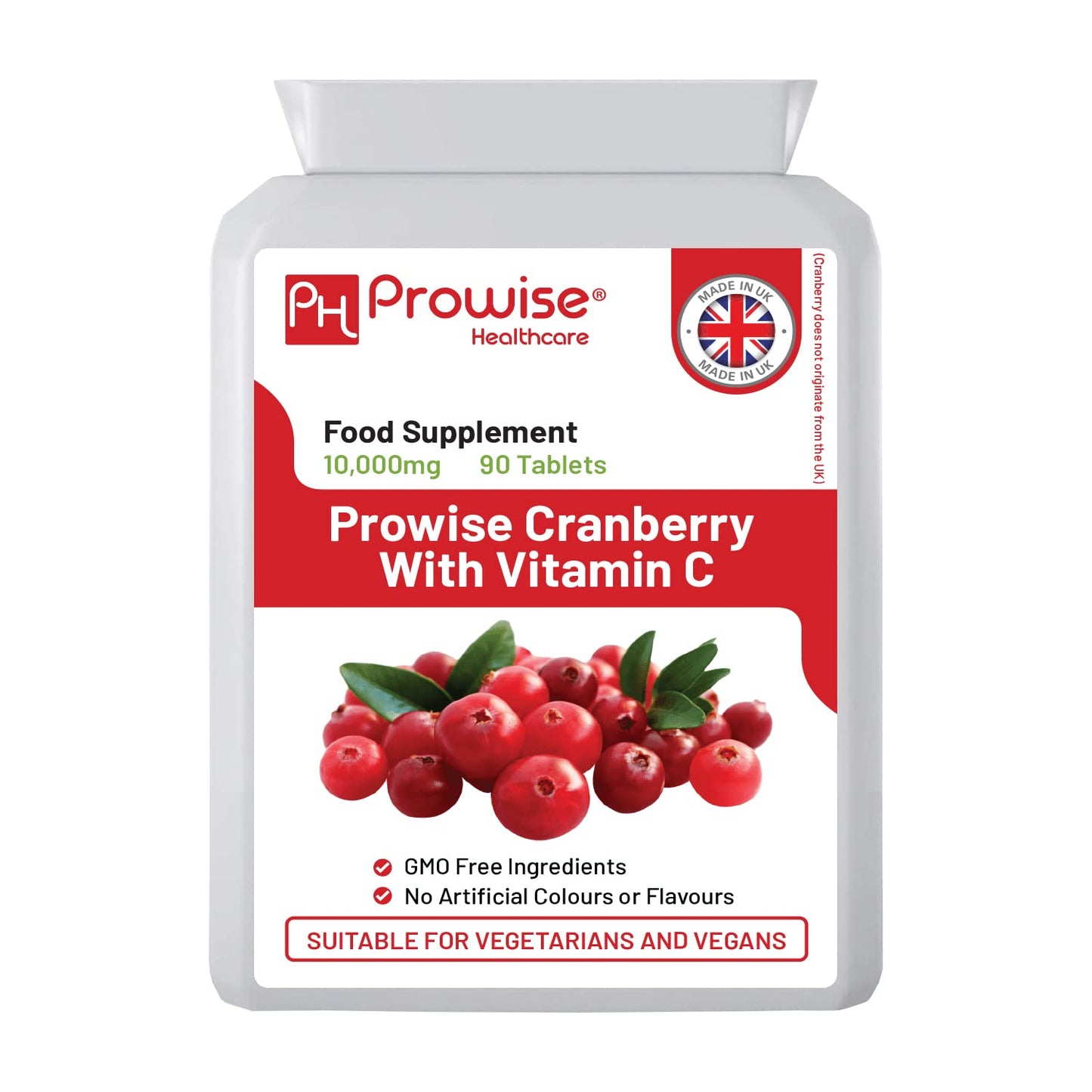 Double Strength Cranberry Tablets 10,000mg I 90 Cranberry Tablets High Strength with Added Vitamin C I Made in The UK by Prowise Healthcare