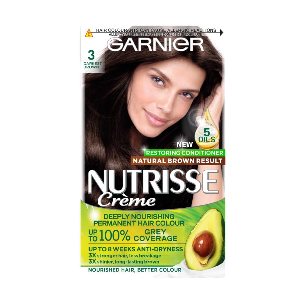 Garnier Nutrisse Ultra Crème Hair Dye, Brown Hair Colour, Ensures 100% Grey Coverage and Intense, Rich 8-Week Colour, No-Ammonia, Vegan Formula, Beautiful Dark Color, Shade: 3 Darkest Brown