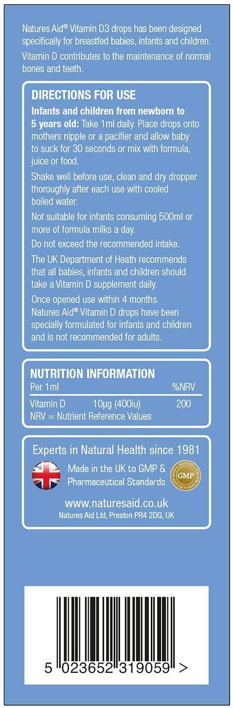 Natures Aid Vitamin D3 Drops, Bone Health, Immune Health, Infants and Children, Sugar Free, 50 ml (Pack of 6)
