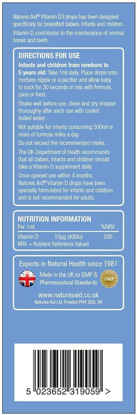 Natures Aid Vitamin D3 Drops, Bone Health, Immune Health, Infants and Children, Sugar Free, 50 ml (Pack of 6)