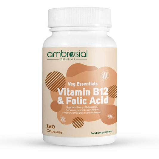Ambrosial Vitamin B12 1000 mcg + 500 mcg Folic Acid | 1500 mcg | Folic Acid | Reduction of Tiredness & Fatigue | B12 Supplement | Immune System, Energy & Brain Support (Pack of 1-120 Capsules)