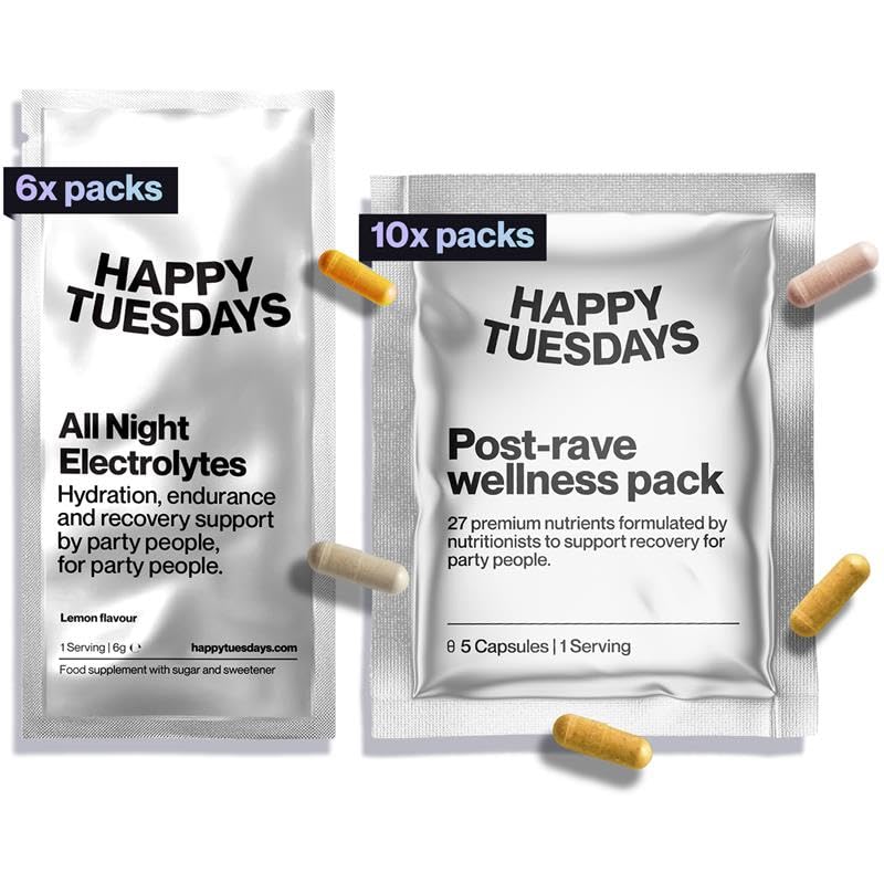 Happy Tuesdays Recovery Bundle | Festivals, Parties, Raves, Summer Holidays, Travel Essential | 10 All Night Electrolytes & 6 Post-Rave Wellness Packs | Electrolyte Rehydration | After Party Recovery