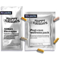 Happy Tuesdays Recovery Bundle | Festivals, Parties, Raves, Summer Holidays, Travel Essential | 10 All Night Electrolytes & 6 Post-Rave Wellness Packs | Electrolyte Rehydration | After Party Recovery