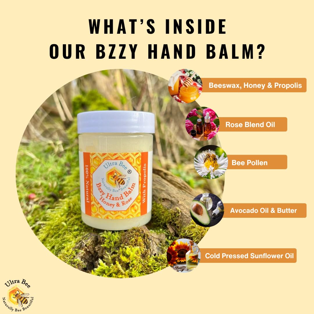 Ultra Bee Naturally Bee Beautiful 100% Natural Bzzy Hand Cream Balm with Honey & Rose 100ml