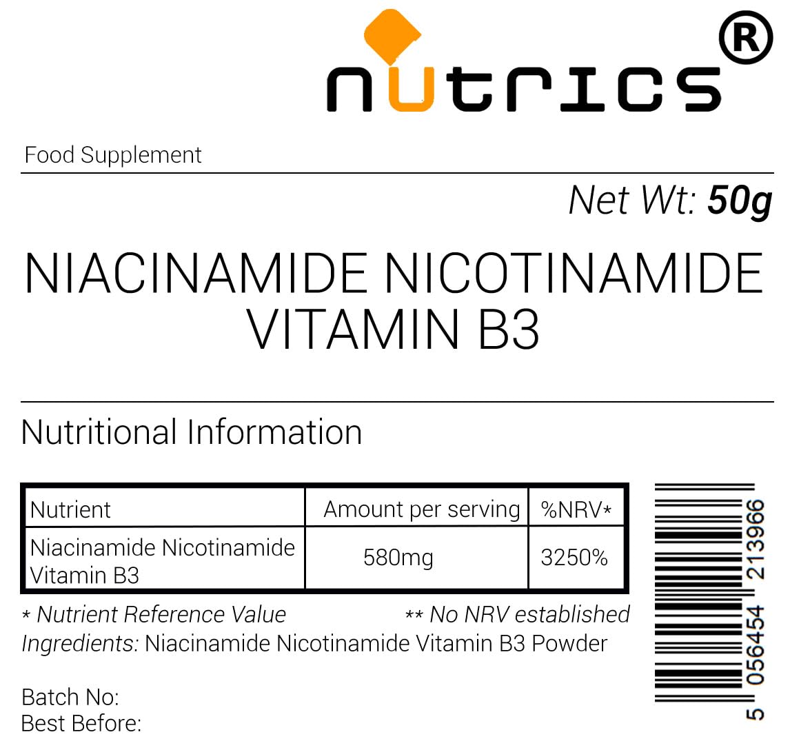 Nutrics® Vitamin B3 NIACIN NICOTINIC Acid 50g 100% Pure Vegan Powder - Suitable for Vegan Vegetarian Halal Kosher