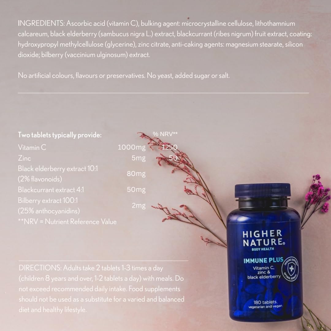 HIGHER NATURE Higher Nature Immune Plus - Vitamin C with Zinc & Black Elderberry - Immune Support Supplements - Vegetarian and Vegan Multivitamin - 180 Tablets