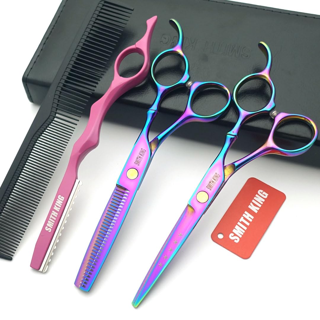 Smith King 6.0 inch hair scissors set hair cutting scissors & thinning scissors with razor&comb in 1 set (Rainbow)