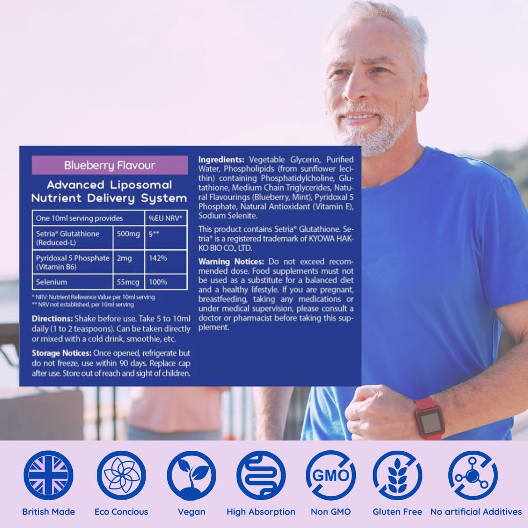 well actually WELL ACTUALLY Liposomal Glutathione 500mg (50 Servings - 250ml) High Bioavailability Setria® Glutathione Supplement with Vitamin B6 & Selenium - Powerful Antioxidant - Vegan, Blueberry Mint Flavour
