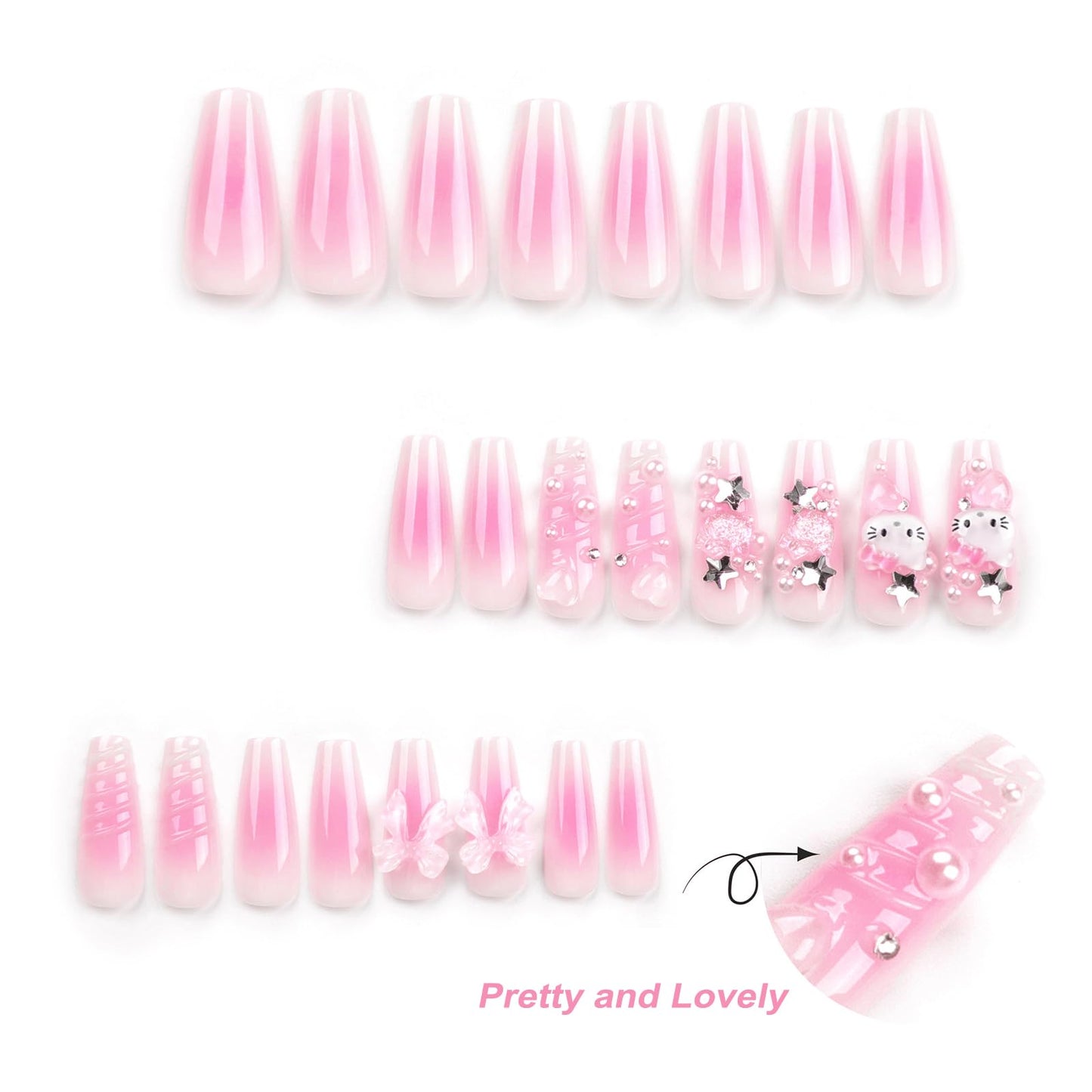 AVZXXKUF 24PCS French Pink Kitty Press on Nails,Cute Kawaii 3D False Nails,Cartoon Y2K Long Length with Pearl and Bow Design,Trapezoid Coffin Fake Nails,Glossy and Full Cover Acrylic Nails for Women