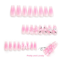 AVZXXKUF 24PCS French Pink Kitty Press on Nails,Cute Kawaii 3D False Nails,Cartoon Y2K Long Length with Pearl and Bow Design,Trapezoid Coffin Fake Nails,Glossy and Full Cover Acrylic Nails for Women