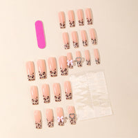 Generic Long Square Fake Nails with Leopard Print & Pink Bow Designs - 24PCS Glossy Reusable Artificial Nail Tips for Women, Nude Pink Gradient Coffin Style Acrylic for Daily Wear and Special Occasions