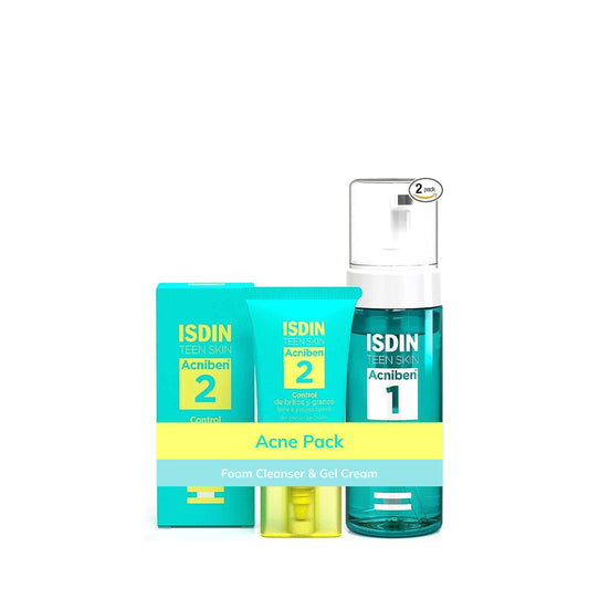 ISDIN Acniben Pack Purifying Cleanser Foam and Gel Cream Control of Shines and Pimples, Daily Facial Care for Oily or Acne-Prone Skin, Set of 2 pieces