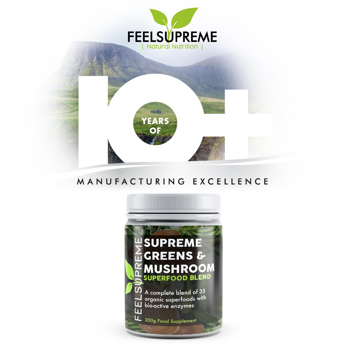Feel Supreme - Super Greens Powder with Mushroom - 35 Nutrient Dense Organic Superfoods, no Added Sugar - High in Fibre, Protein, Vitamin C, Spirulina - Greens Supplement, Mushroom Powder - 300g